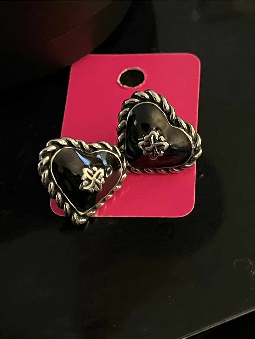 Heart-Shaped Black and Silver Stud Earrings- Large